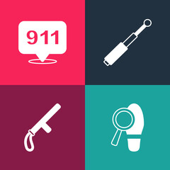 Set pop art Footsteps, Police rubber baton, Telescopic and Telephone call 911 icon. Vector