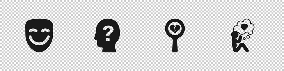 Set Comedy theatrical mask, Head with question mark, Broken heart or divorce and icon. Vector
