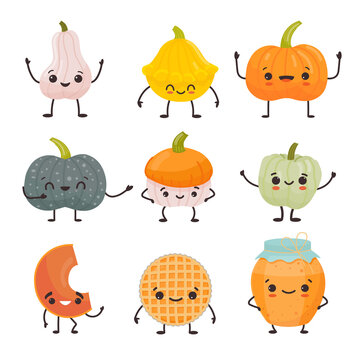 Cute different pumpkins character set. Funny and happy pumpkins emoji. Vector illustration in cartoon flat style. Elements for Thanksgiving card or other