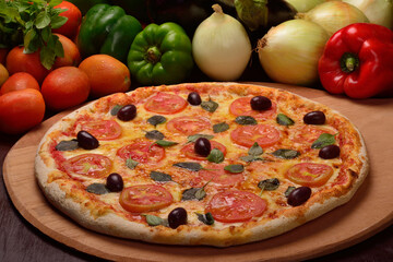 Pizza margherita with black olives on wooden board and vegetables in the background.