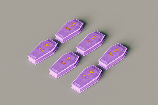 six violet coffins on grey background