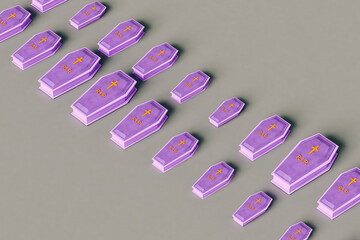 violet coffins on grey background