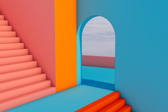 Abstract space with stairs and curved shapes in blue