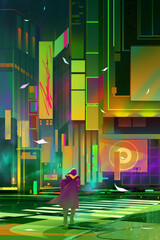 bright painted urban fantastic landscape. man in the hood on a windy day. Cyberpunk © khius