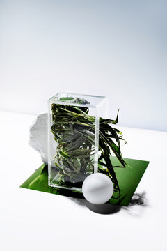 Artistic still life cannabis set with marijuana leaf 