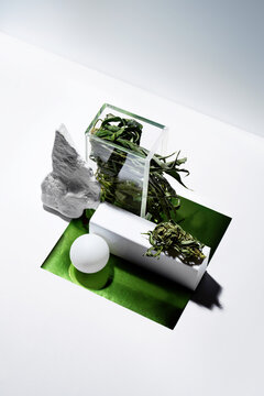 Artistic still life cannabis set with marijuana bud and leaf 
