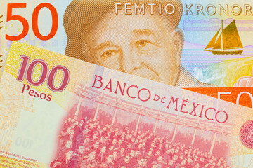 A macro image of a gray and orange fifty kronor note from Sweden paired up with a red and yellow one hundred peso bill from Mexico.  Shot close up in macro.