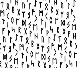 Ethnic Norwegian Icelandic seamless pattern. Runic talismans of the Vikings and northern peoples. Magic and magical runes. Pagan signs. Futhark repeatable background. Vector illustration.