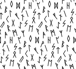 Ethnic Norwegian Icelandic seamless pattern. Runic talismans of the Vikings and northern peoples. Magic and magical runes. Pagan signs. Futhark repeatable background. Vector illustration.