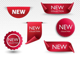 New collection tags. Vector badges and labels. Paper ribbons