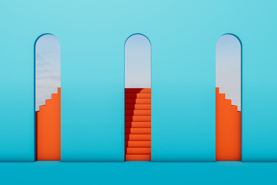 Abstract space with stairs and curved shapes in blue