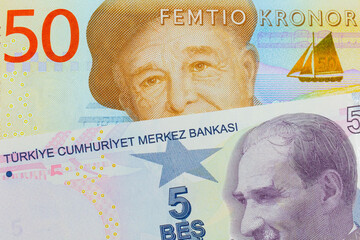 A macro image of a gray and orange fifty kronor note from Sweden paired up with a purple, five lira bank note from Turkey.  Shot close up in macro.