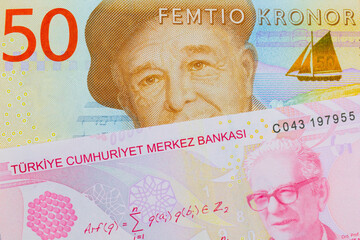 A macro image of a gray and orange fifty kronor note from Sweden paired up with a red, ten lira bank note from Turkey.  Shot close up in macro.