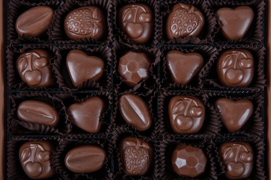 Special Chocolate. Close-up View Of Box Of Chocolates, View From Above. Gift Chocolate.