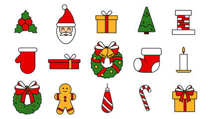 Set of vector elements for the celebration of Christmas. Collection of editable Christmas and New Year icons in flat style. Vintage traditional stickers in red, yellow and green. Vector illustration.