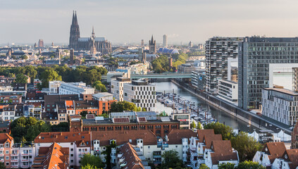 Aerial view of Cologne Cathedral, Rheinauhafen and Kranhäuser in Cologne, Germany
