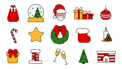 Set of vector elements for the celebration of Christmas. Collection of editable Christmas and New Year icons in flat style. Vintage traditional stickers in red, yellow and green. Vector illustration.