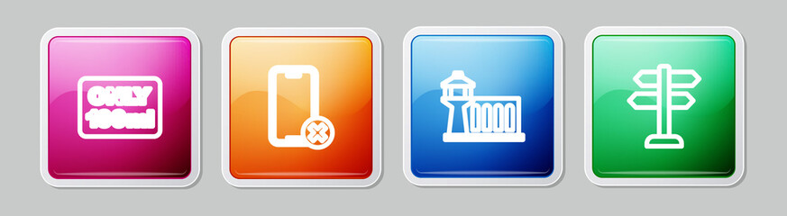 Set line Liquids in carry-on baggage, No cell phone, Airport control tower and Road traffic sign. Colorful square button. Vector