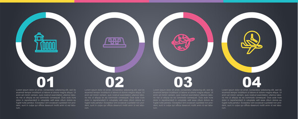 Set line Airport control tower, Taxi car roof, Globe with flying plane and Flight time. Business infographic template. Vector