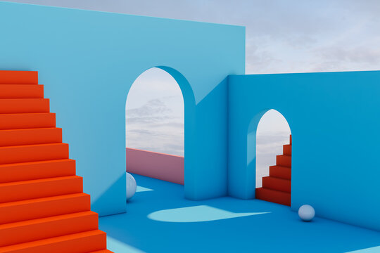 Abstract space with stairs and curved shapes in blue