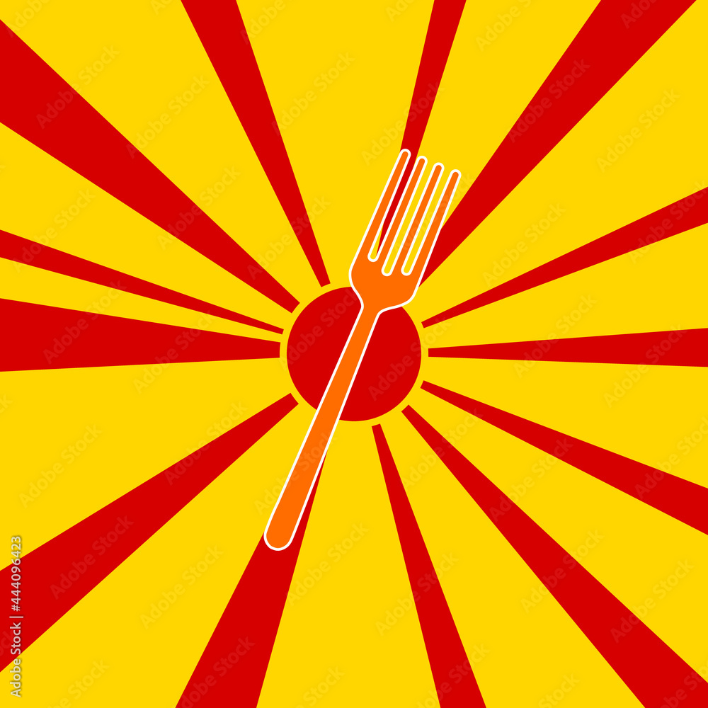 Poster fork on a background of red flash explosion radial lines. the large orange symbol is located in the 