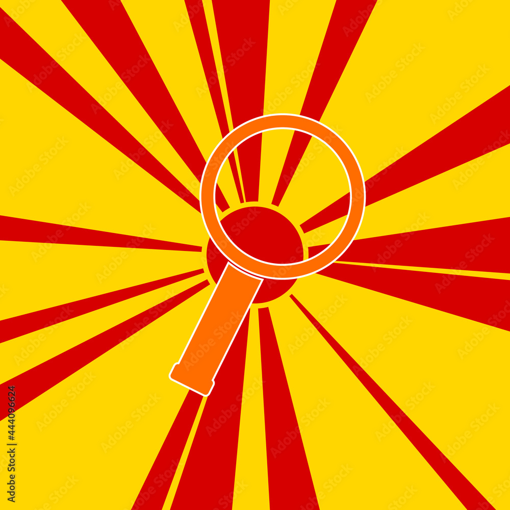 Poster magnifier symbol on a background of red flash explosion radial lines. the large orange symbol is loc