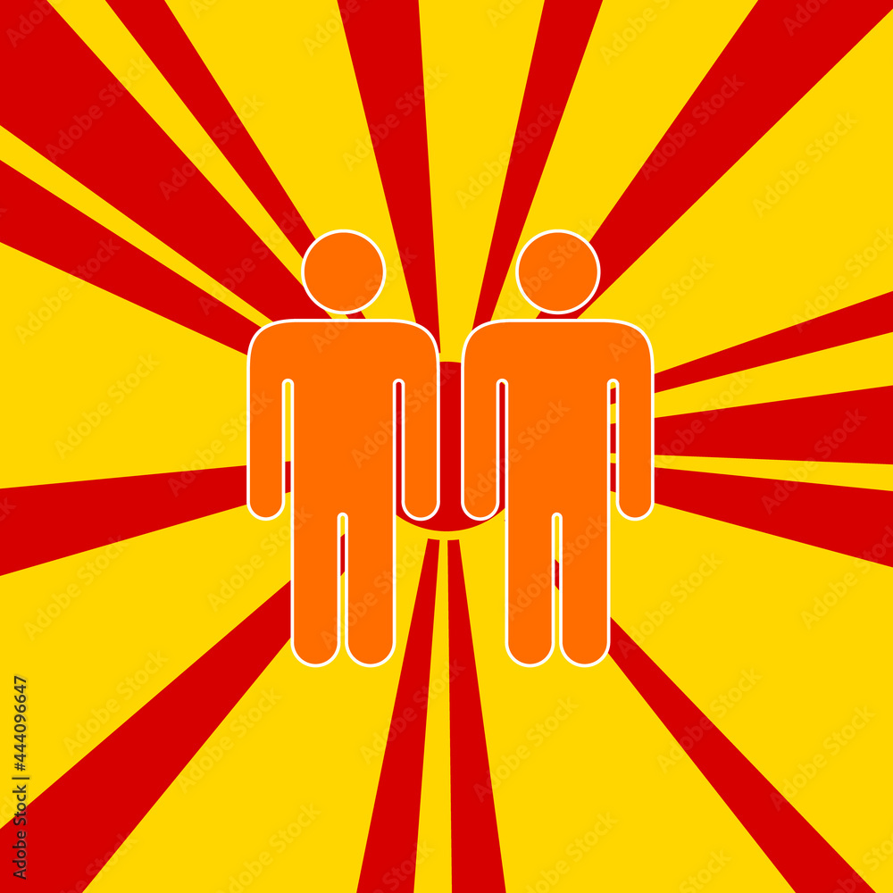 Poster man with man symbol on a background of red flash explosion radial lines. the large orange symbol is 