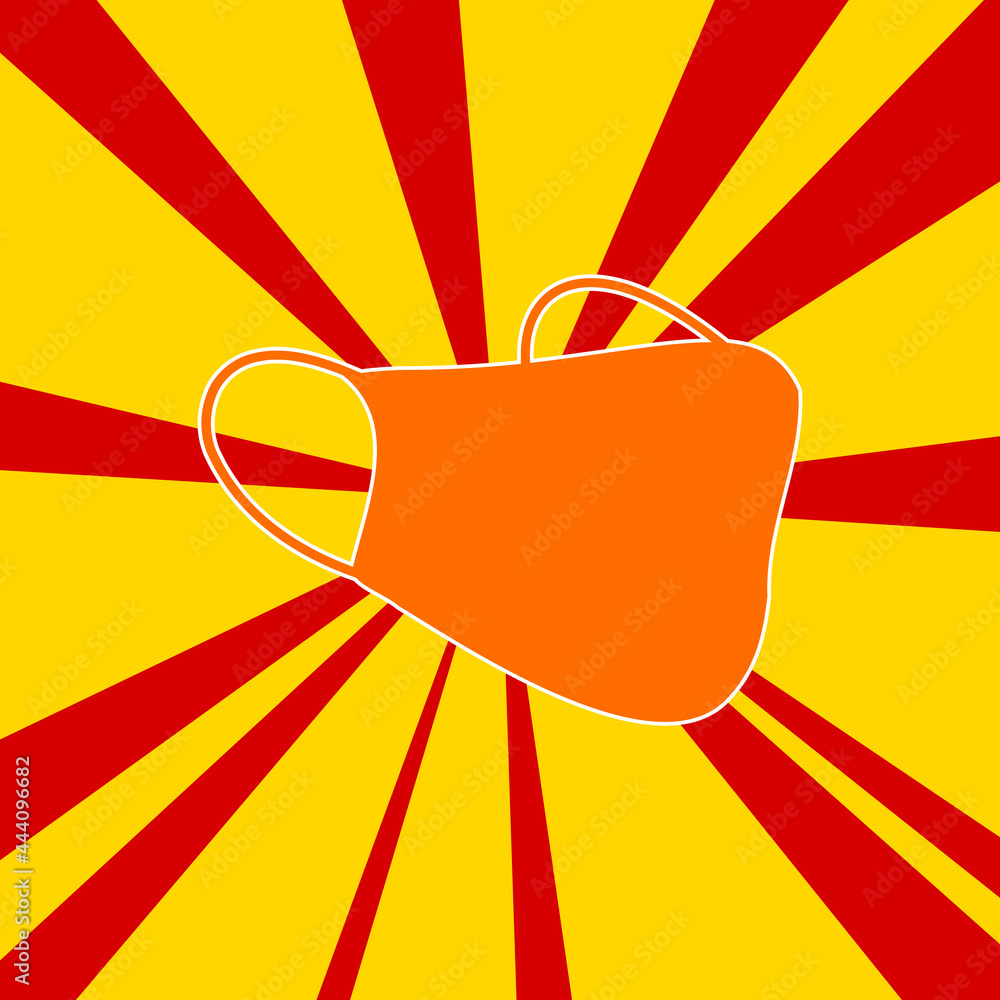 Poster mask symbol on a background of red flash explosion radial lines. the large orange symbol is located 