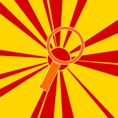 Magnifier symbol on a background of red flash explosion radial lines. The large orange symbol is located in the center of the sun, symbolizing the sunrise. Vector illustration on yellow background