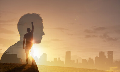 Mental, and physically strong man in the city. Inner strength and feeling motivated concept.	