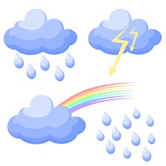 Vector illustration. A set of icons indicating the weather, clouds, rain, thunderstorm, rainbow on a transparent background