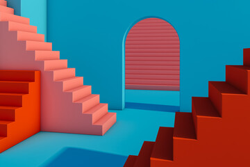 Abstract space with stairs and curved shapes in blue