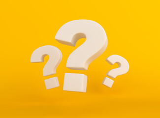 Group of white question marks on yellow background. Minimal ideas concept. 3D render, 3D illustration