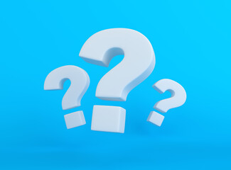 Group of white question marks on blue background. Minimal ideas concept. 3D render, 3D illustration