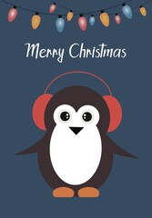 Vintage cartoon christmas card with cute penguin and garlands with bulbs. Vintage blue holiday background.
