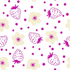Foto auf Glas Doodle-Stil Erdbeeren und Blumen Vektor nahtlose Muster. Design für T-Shirts, Textilien und Drucke. Handgezeichnete Illustration für Dekor und Design. © Anna