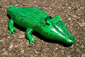 Inflatable toy green crocodile on a rocky beach