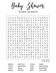Simple black and white Baby shower word search puzzle game.  Printable party card. Activities ideas supplies. 