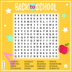 Back to school word search puzzle. Crossword  for children  for learning English. Educational keyword activity. 