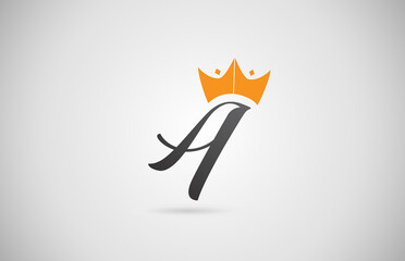 hand written A alphabet letter logo icon. Business company typography with yellow king crown. Royal style