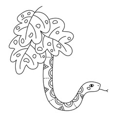 Doodle coloring page for children. Cute hand drawn snake with tropical leaves. Cartoon character. Outline vector illustration.