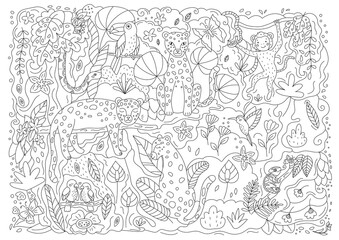 Hand drawn doodle coloring page with leopards, parrots, hummingbird, toucan, snake, monkey and chameleon. Cute cartoon characters. Exotic tropical plants and flowers. Outline vector illustration.