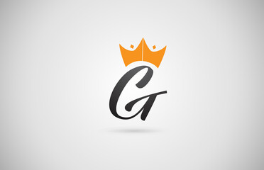 hand written G alphabet letter logo icon. Business company typography with yellow king crown. Royal style