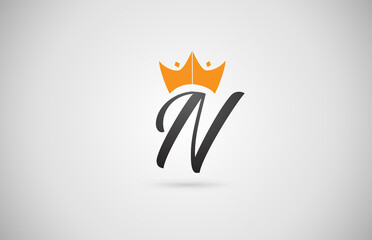 hand written N alphabet letter logo icon. Business company typography with yellow king crown. Royal style
