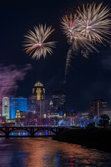 Fireworks over the Des Moines skyline with reflections in the Des Moines River during Fourth of July celebration