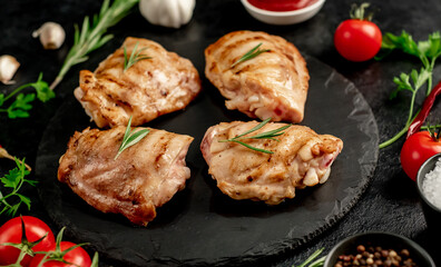 grilled skinless chicken thighs with spices and herbs on a stone background