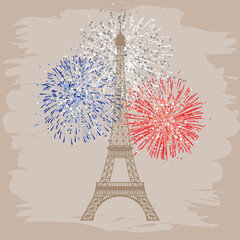 State French holidays congrats concept. Eiffel tower decorative romantic image. Monochrome silhouette and colorful fireworks explosion. Symbol of Paris city. Isolated abstract graphic design template.