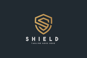 Gold Geometric Shape Initial Letter S Shield Symbol isolated on Black Background. Security Logo. Vector Illustration.