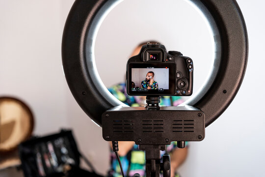 Close-up of camera recording a male beauty tutorial