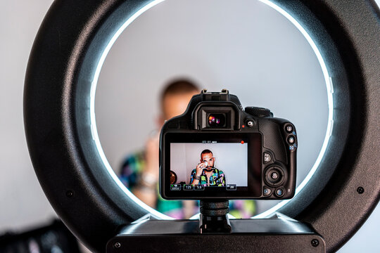 Close-up of camera recording a male beauty tutorial